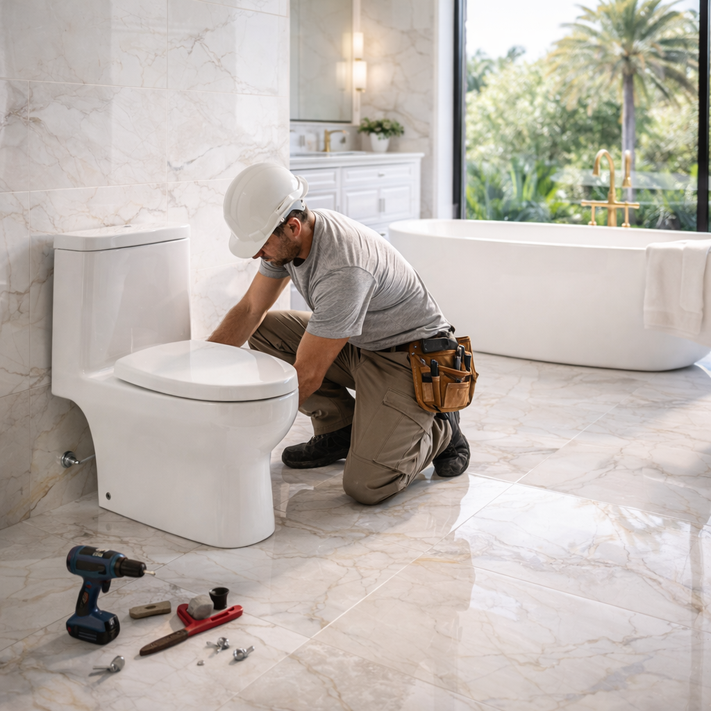 Pekerja pasang toilet dan bathtub mewah